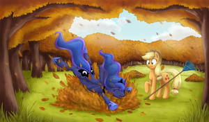 Piles of leaves are fun for every pony.