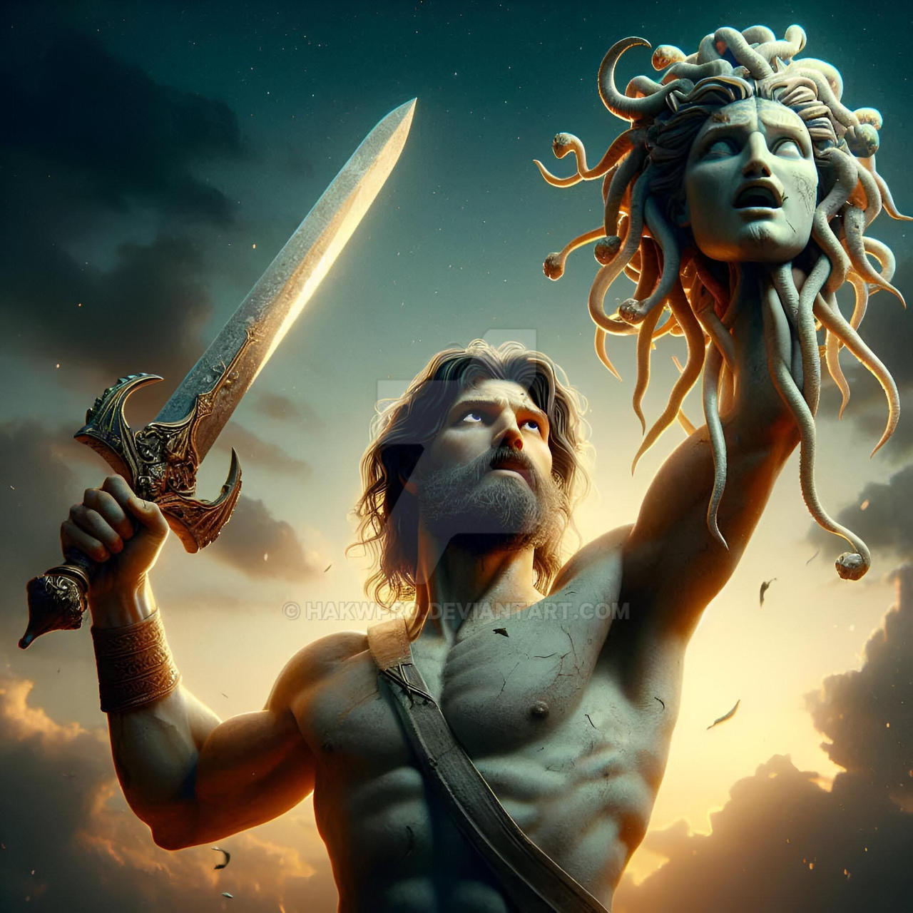 Persues Rival Perseus after slaying Medusa's head and showing it by hakwpro on DeviantArt