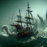 Pirate ship battles kraken in the ocean