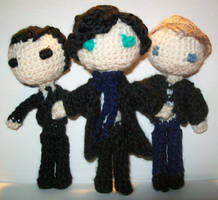 Sherlock, Dr. Watson, and Moriarty amigurumi