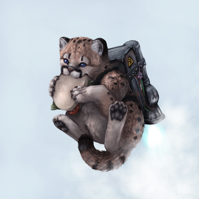 A fat cougar cub with a sandwich and a rocket pack