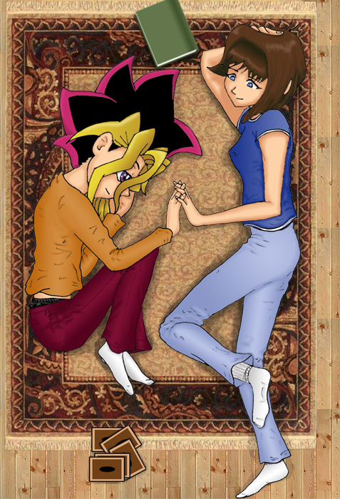 Yugi and Anzu on a comfy rug