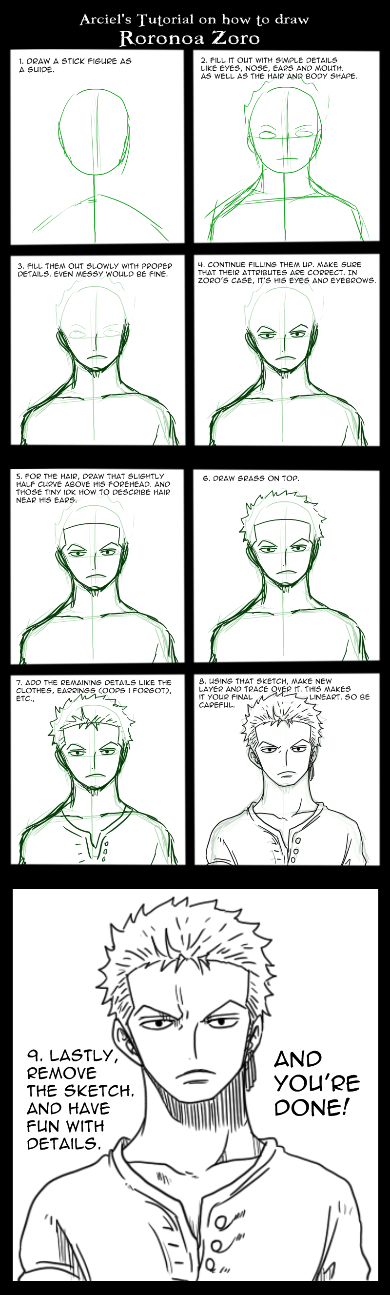 Arciel's Tutorial: How to draw Roronoa Zoro