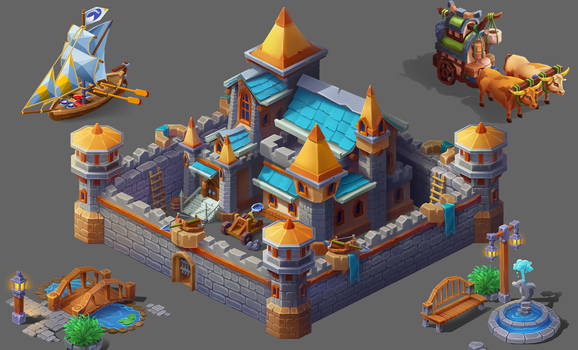 Castle town (casual, isometric, low poly)