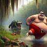 Mr. Incredible in a Crocodile Swamp.