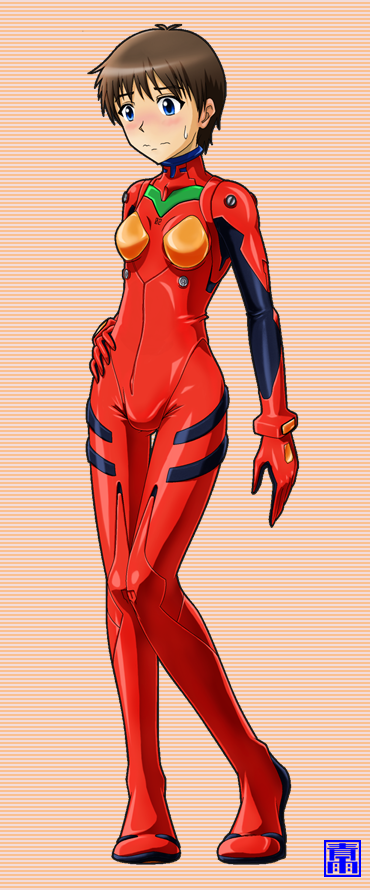 Shinji in Asuka's plugsuit