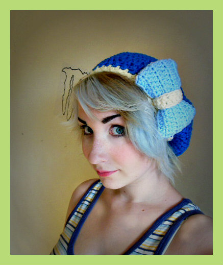 Dark Blue Crochet Beret Hat With Light Blue Bow