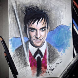 Stylized drawing of RobinLordTaylor as The Penguin