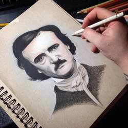 W.I.P. color pencil drawing of Edgar Allan Poe