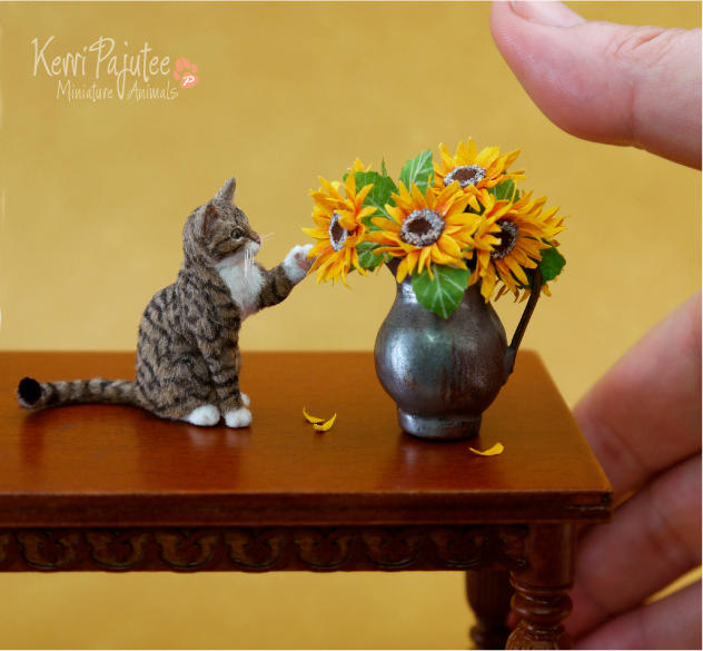 Miniature Tabby Cat sculpture by Pajutee