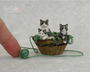 Miniature Basket of Kitten sculptures