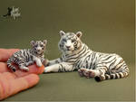 Miniature White Tiger sculptures w/ furry coats by Pajutee