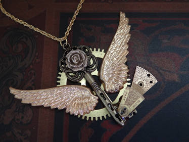 Steampunk flying key necklace