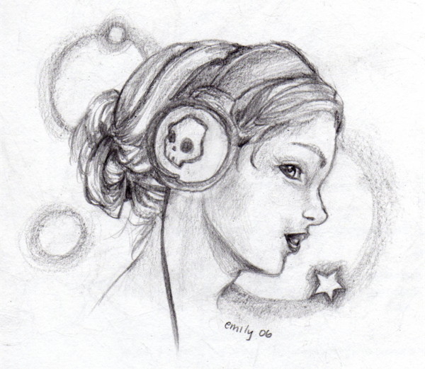 Girl With Headphones Drawing
