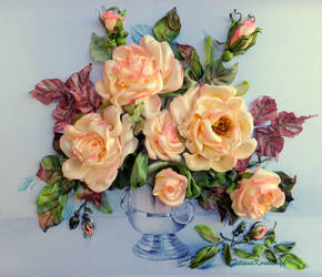 Pink roses, ribbon embroidery picture