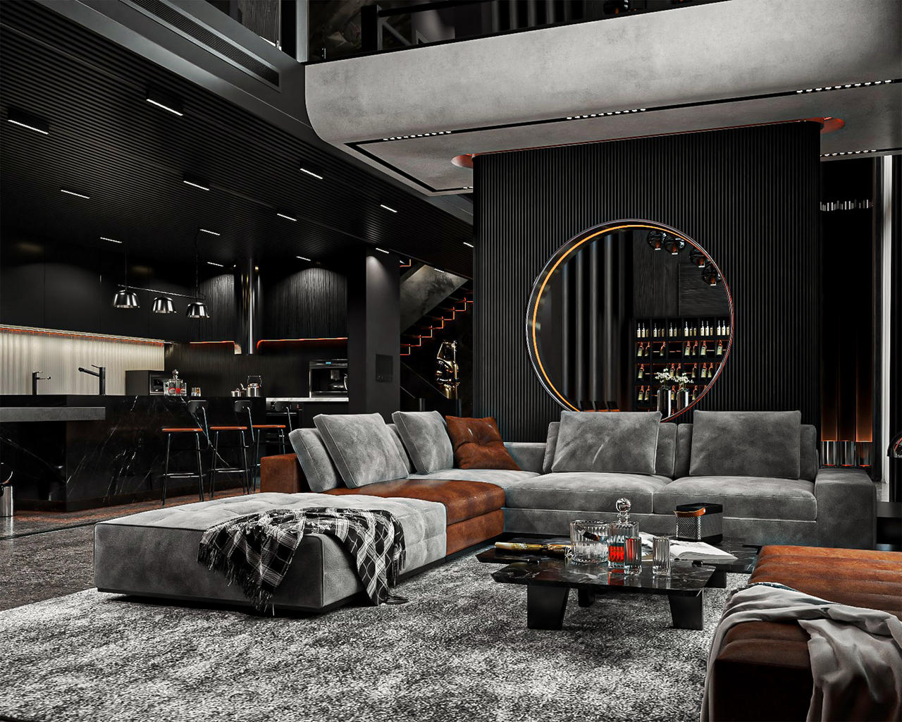 Luxury Black Living Room And Kitchen