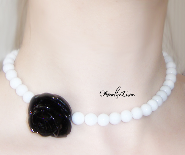White Jade Necklace with Black Rose