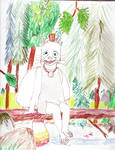 Ingrid sitting in a forest by Raakone