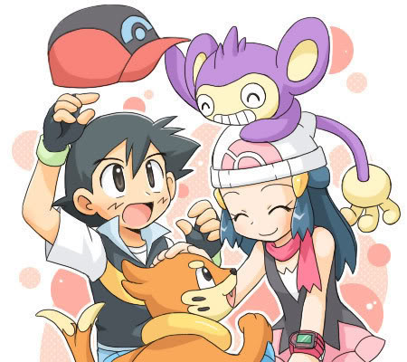 Ash, Dawn, Aipom, and Buizel