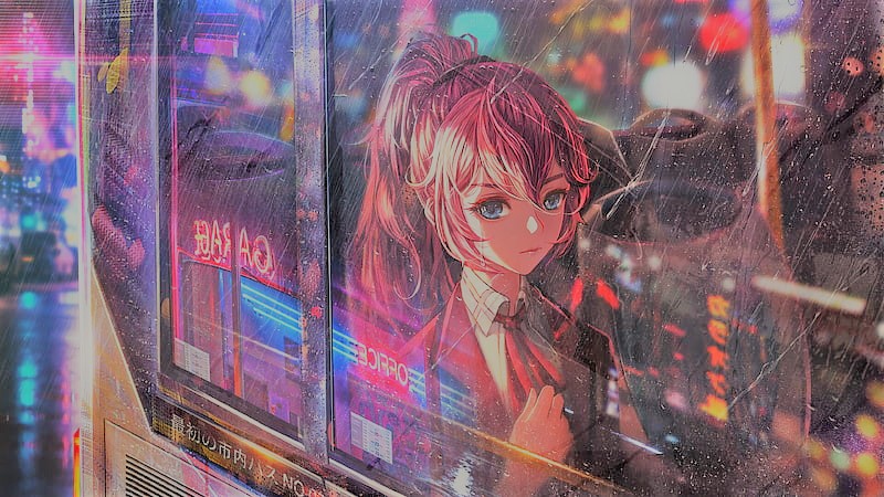 HD-wallpaper-anime-girl-bus-window-neon-city-anime by rockydevilweeb on  DeviantArt