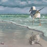 Oil painting-bird beach walking