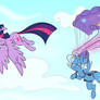 Twilight and Trixie in Flight by egophiliac