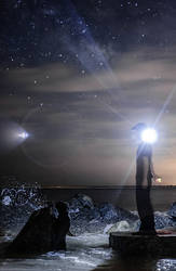 Beach, stars, crashing waves.