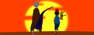 Ash Pikachu and Mewtwo walking off into the sunset