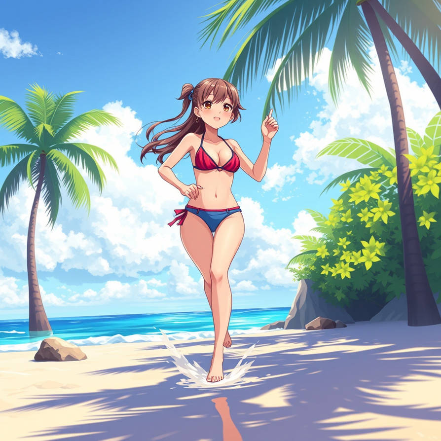 Anime girl running around the beach