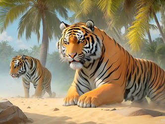 Couple of male and female Ngandong Tiger at beach