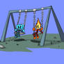 (fireboy and watergirl) sitting on the swing