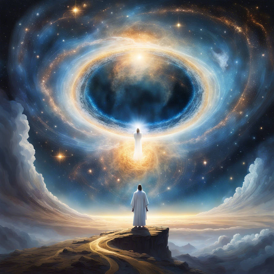 A lone figure in flowing white robes stands beneat