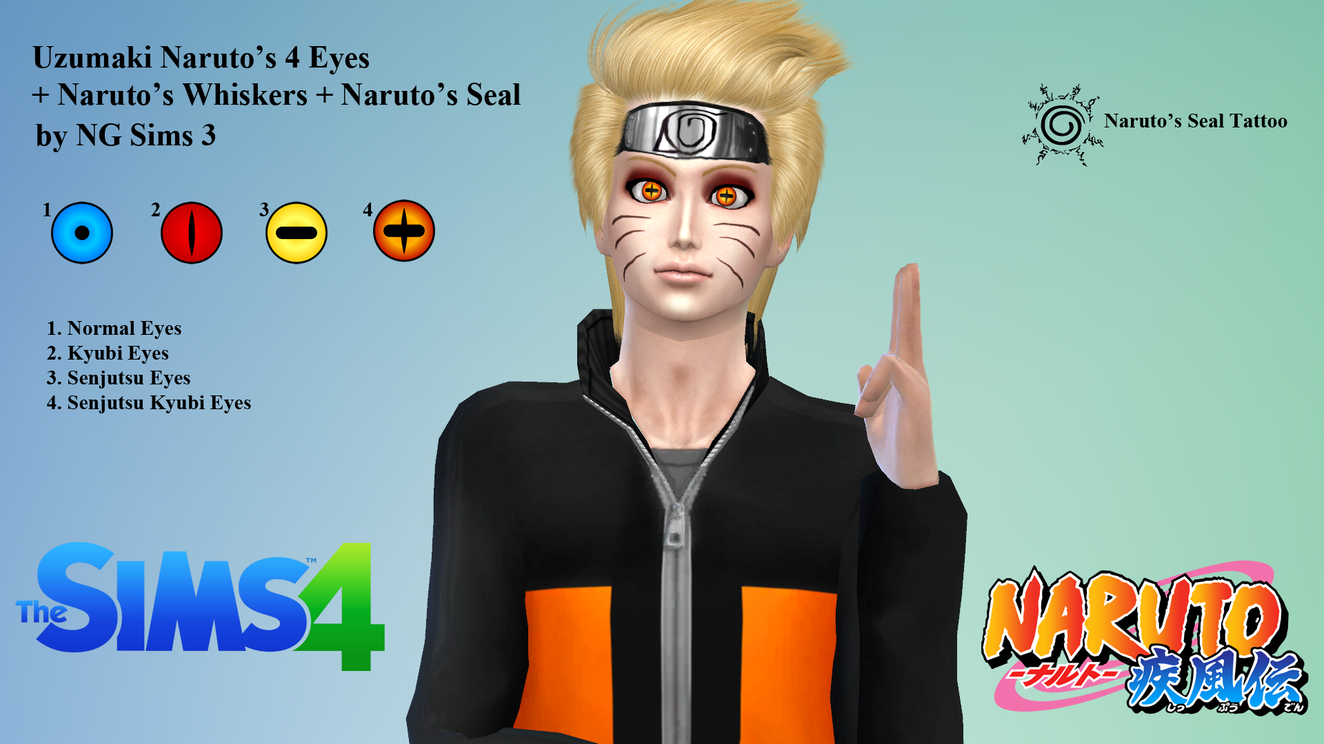 Uzumaki Naruto 4 Eyes +Whiskers +SealTatto (Sims4)