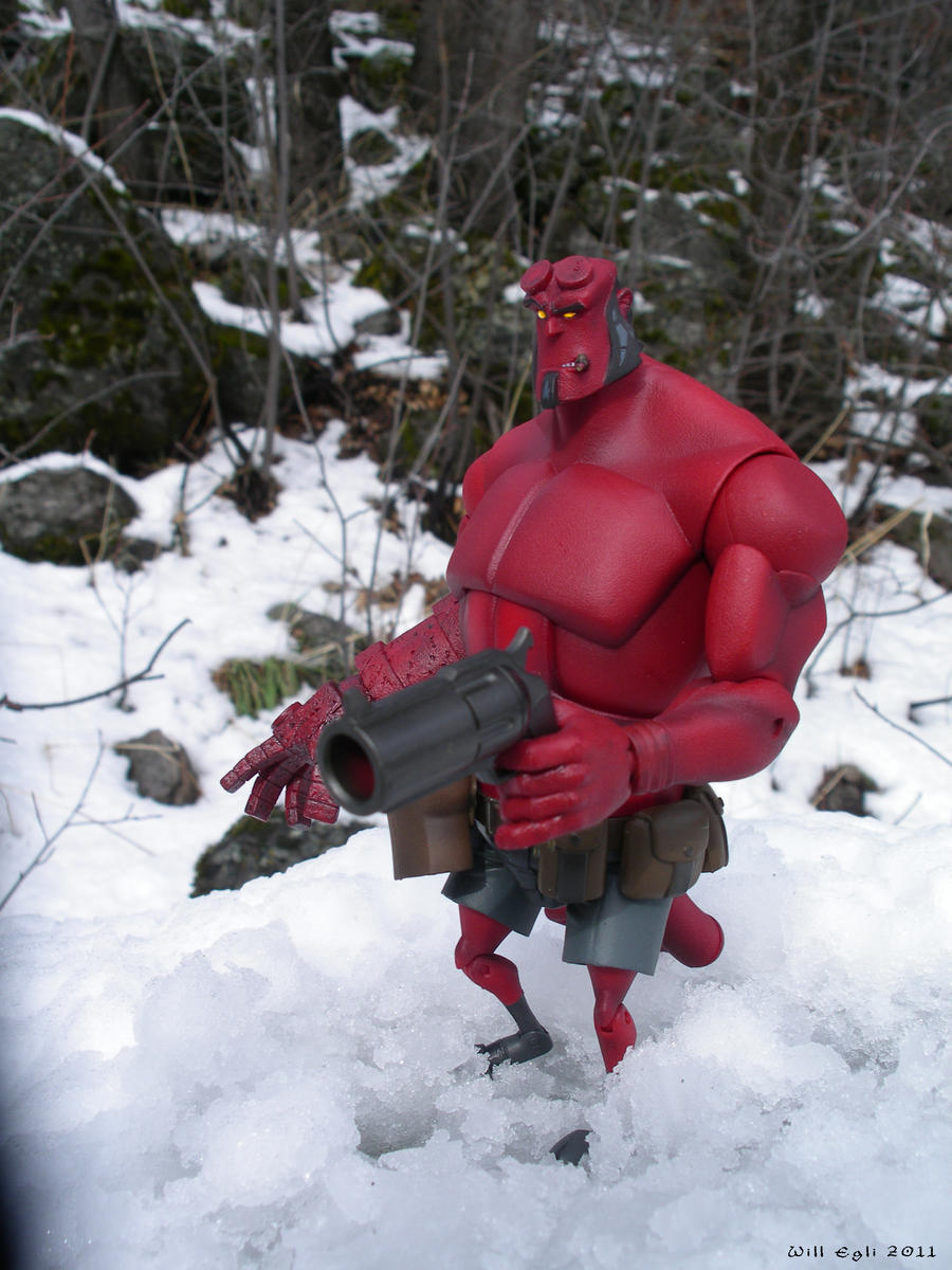 Hellboy surpised in the snow