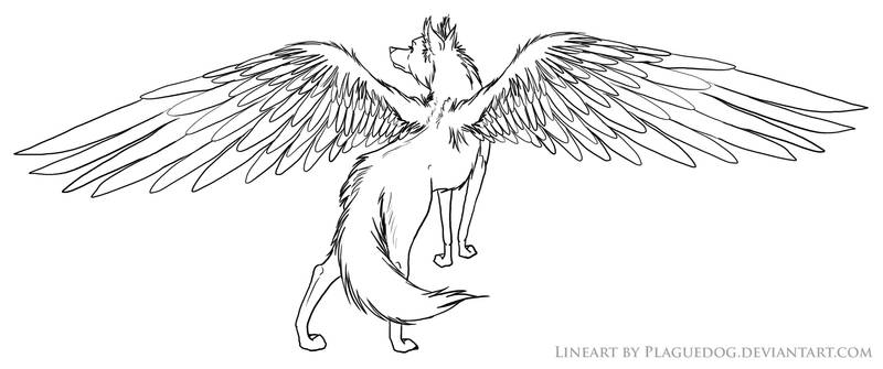 Winged Wolf Lineart by Plaguedog