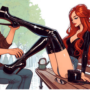 Redhead getting her boots polished in the park