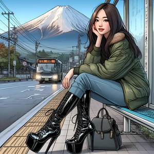a Pretty Japanese woman waiting for a bus