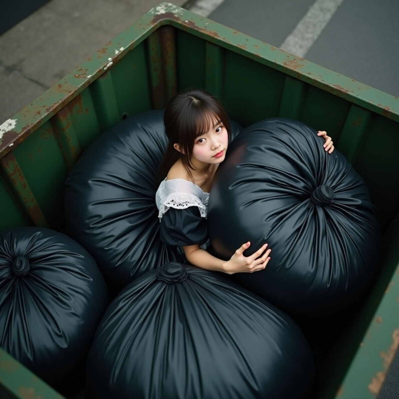 Girl in dumpster with trash bag 171 by gtbag on DeviantArt