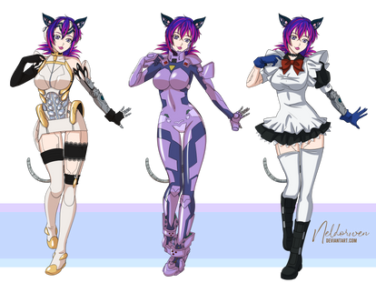 Commission  - Cyborg Cat Girl OC 3 costumes