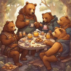 Bears Eating Honey Cakes And Tea Together