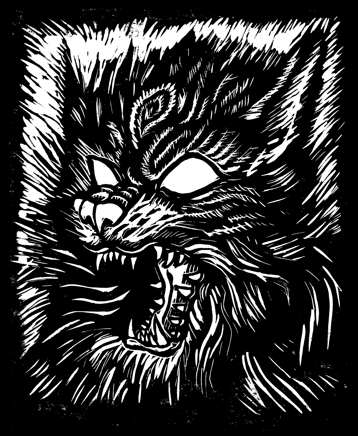 Minimalist linocut style logo of an angry cat