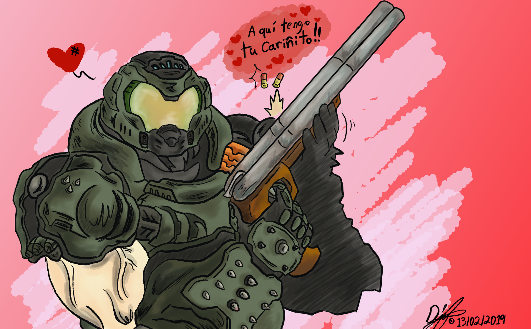 Doomguy teaching Freddy how to use a shotgun. Happy 6th