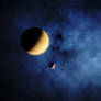 Two planets in front of a nebula