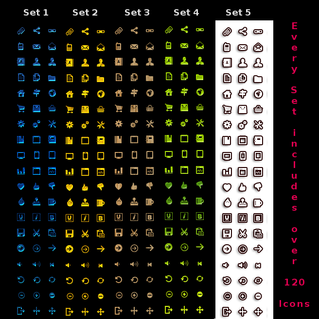 5 mini UI Icon Sets (120 icons per set)