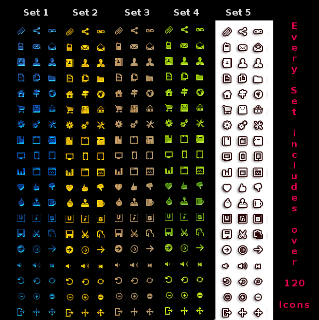 5 mini UI Icon Sets (120 icons per set) by Damn-Bavarian