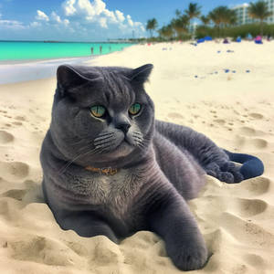  Happy Black Scottish fold chilling on the beach i