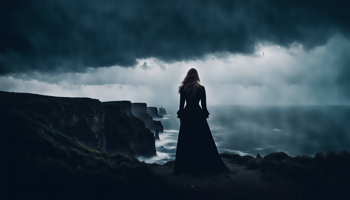The ghostly figure of a woman stands at the cliffs
