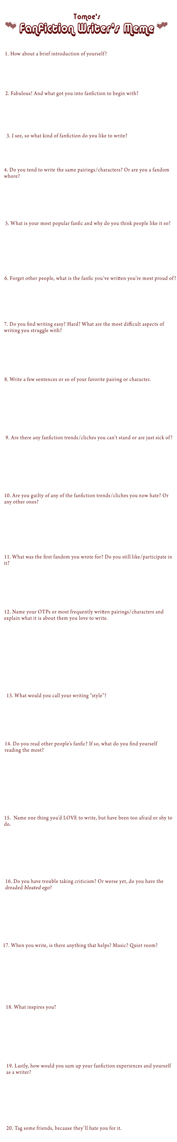 Fanfiction Writer's Meme by tomoe2005