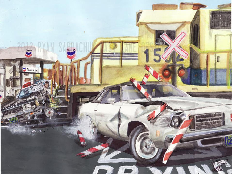 Biting The Bullet (75 Olds' Car Chase Painting)
