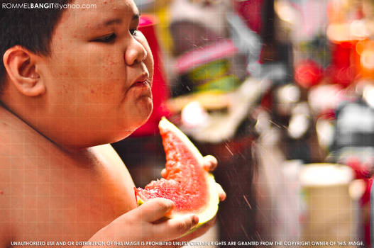 Flabby Boy eating large Juicy Red Watermelon